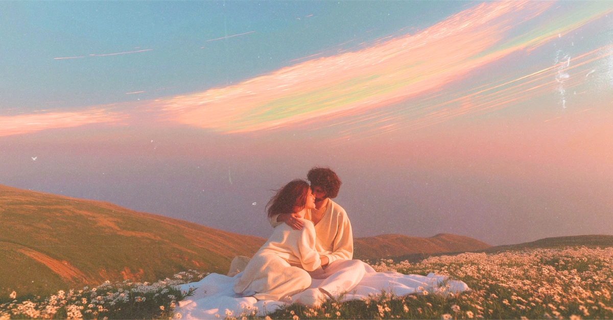 Un homme et une femme tendrement enlacés dans un paysage montagneux sous un ciel onirique aux couleurs pastel, illustrant le désir idéalisé de reconquérir son ex sans commettre les erreurs fatales de la dépendance.