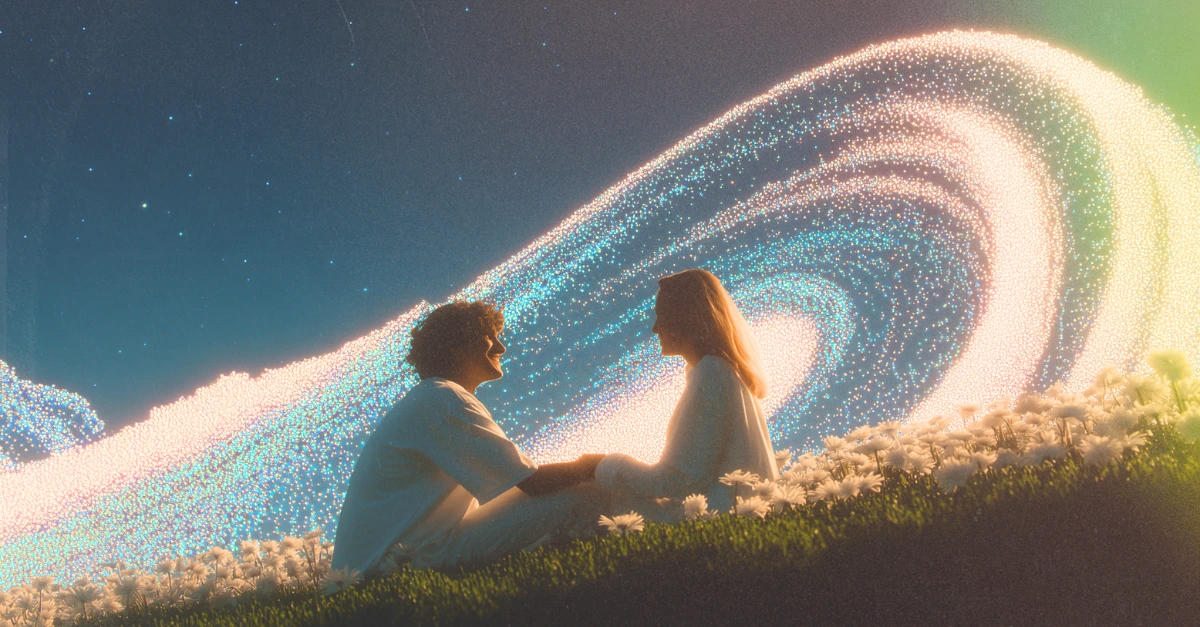 Un homme et une femme assis paisiblement dans un champ de marguerites sous un ciel étoilé avec une immense spirale lumineuse cosmique, illustrant la reconnexion magique et l'harmonie qu'un homme cherche à atteindre pour sauver son couple.