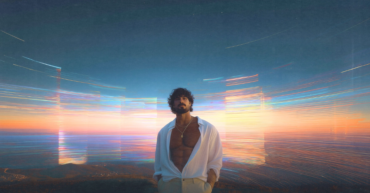 Un homme confiant et musclé en chemise blanche ouverte se tient devant un coucher de soleil aux effets de lumière dynamiques, illustrant l'attitude ancrée nécessaire pour comprendre comment attirer une femme sans la poursuivre.
