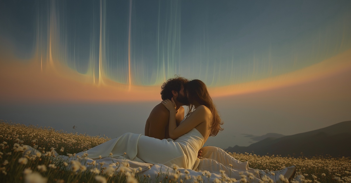 Couple enlacé et passionné dans un champ de fleurs au coucher du soleil, représentant la reconnexion intime après une rupture