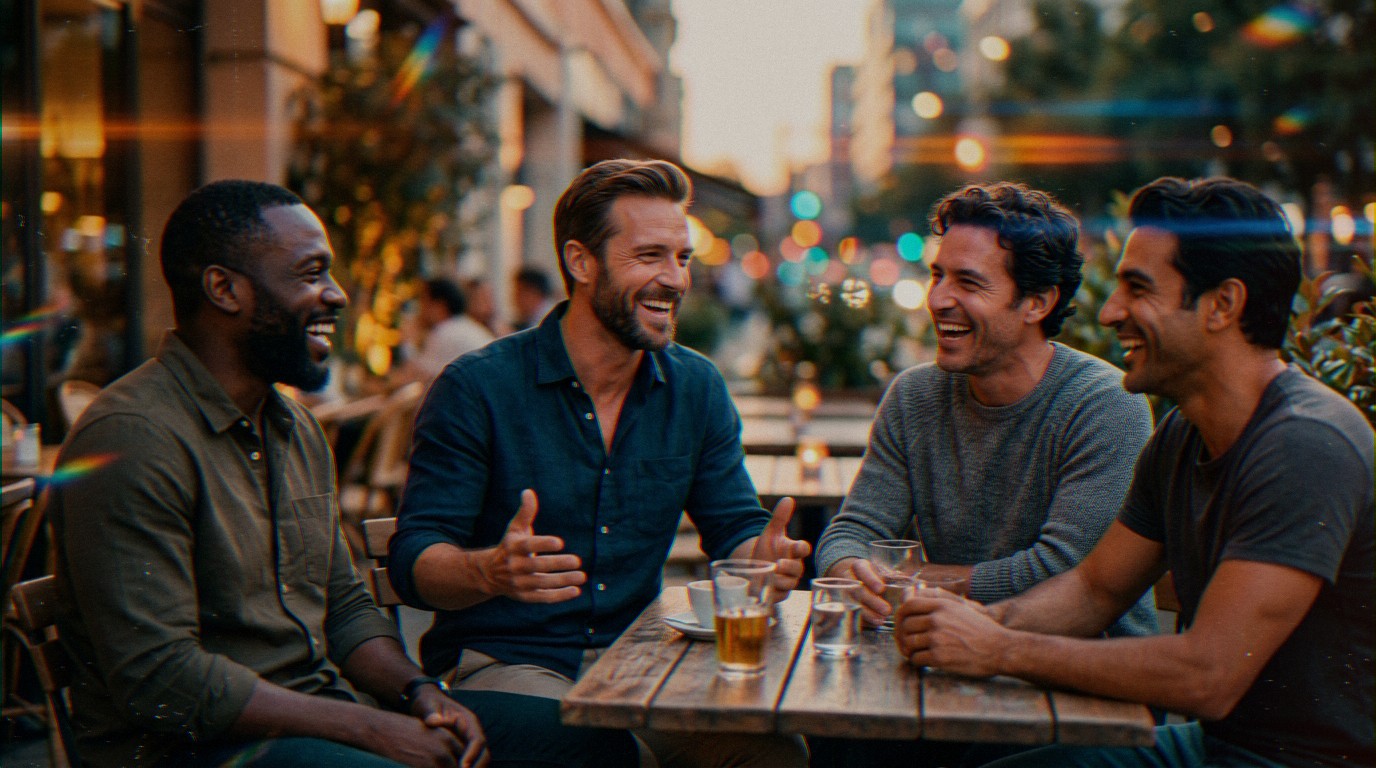 Quatre hommes souriants en terrasse discutant, un exemple de comment faire en sorte que les femmes t'approchent en premie.