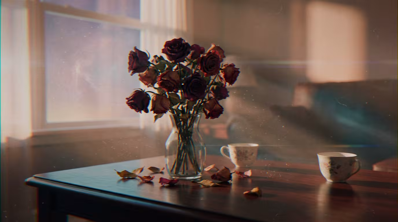 Gros plan sur roses rouges fanées, pétales tombant sur table basse. Tasses espacées symbolisent couple sans sexe et passion é