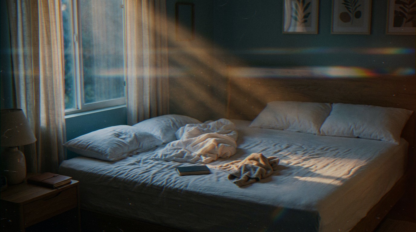 Lit king-size défait à l'aube, un côté marqué, l'autre vide. L'amère sensation d'être ghosté après le premier rendez-vous.