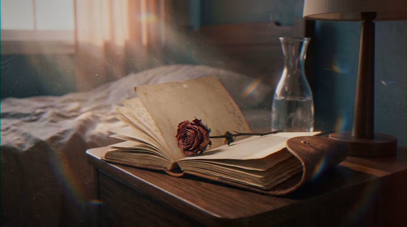 Journal en cuir usé, rose séchée entre ses pages. Il évoque les désirs secrets d'un homme soumis, posé sur table de chevet.