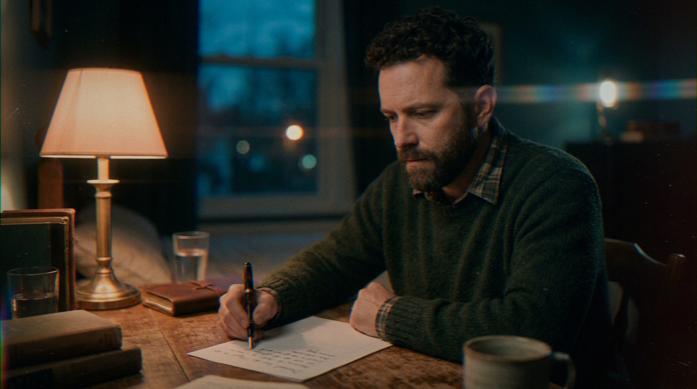 Homme pensif à son bureau, rédigeant une lettre d'amour avec une plume vintage, sous la lumière tamisée. — lettre amour