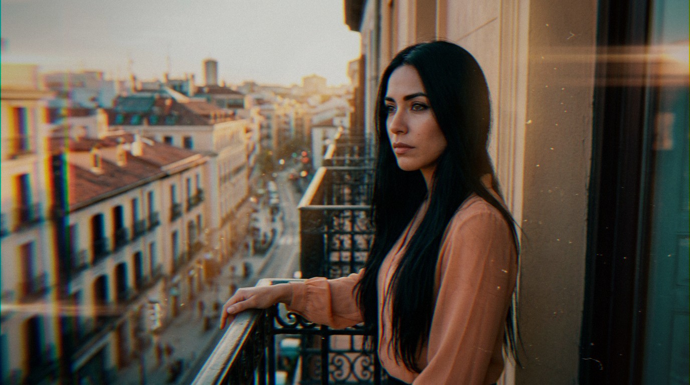 Belle femme latine, cheveux noirs, pensive sur balcon ensoleillé, médite sur la longueur d'onde en couple.