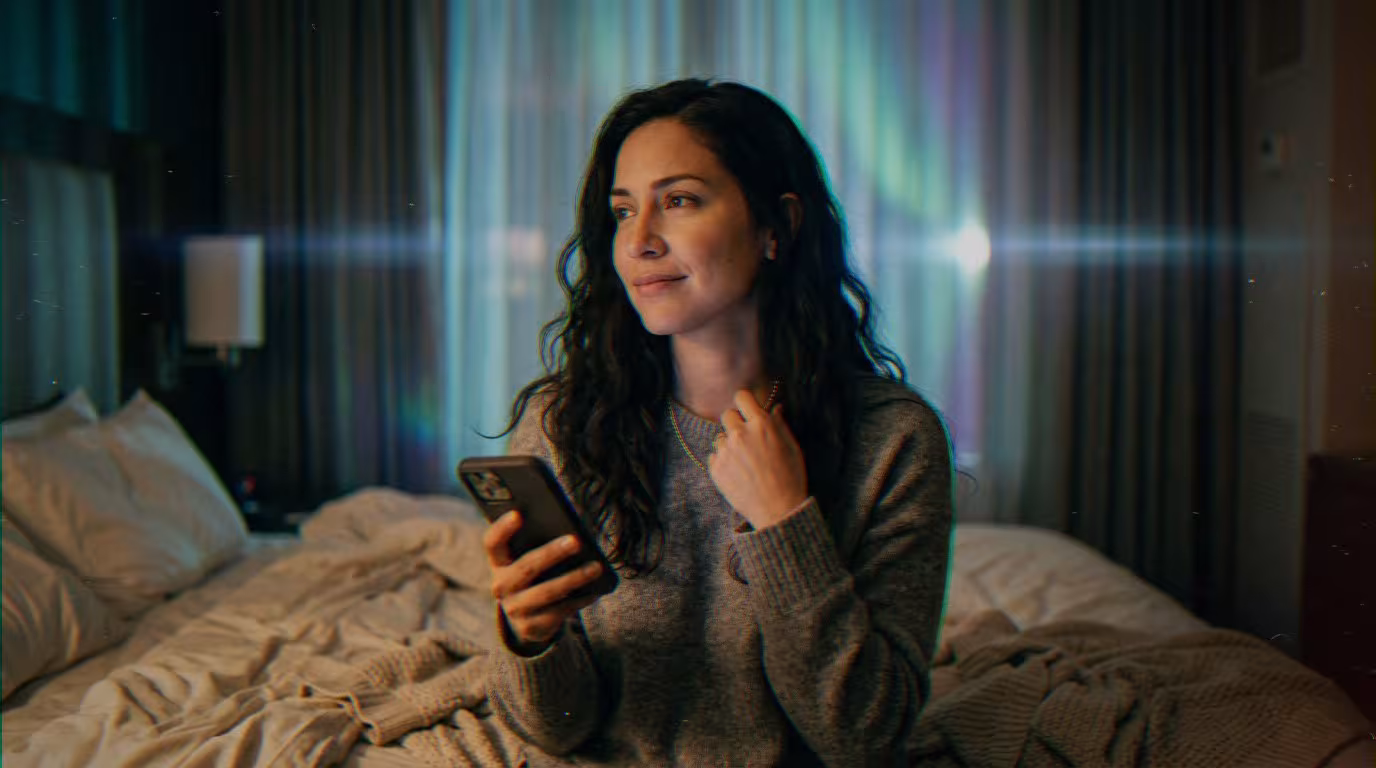 Femme latine pensive au bord d'un lit avec smartphone. Elle se demande pourquoi elle revient vers toi et pas vers un autre.