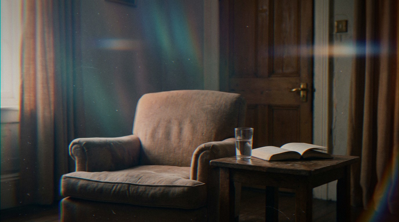 Fauteuil usé vide dans un salon tamisé. Verre d'eau et livre posés invitent à prendre soin de soi.