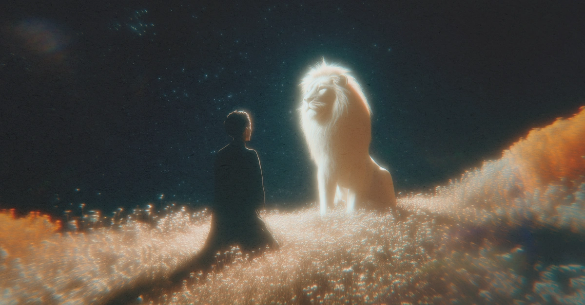 Homme à genoux face à un lion blanc lumineux sous les étoiles, symbole du coaching relationnel homme et de la force retrouvée.