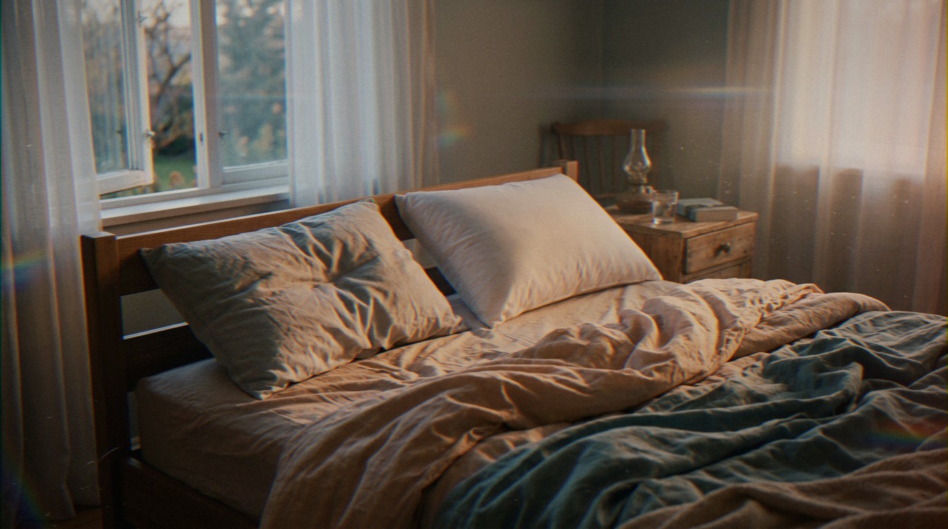 Lit défait dans une chambre calme. Un oreiller marqué, l'autre parfait, symbolisant l'espace vide depuis qu'elle part.