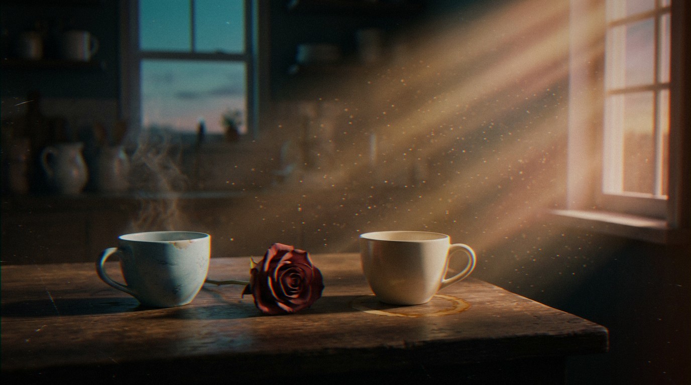 Table à l'aube, tasse fumante et tasse froide avec trace. Une rose fanée interroge : comment savoir si c'est fini ?