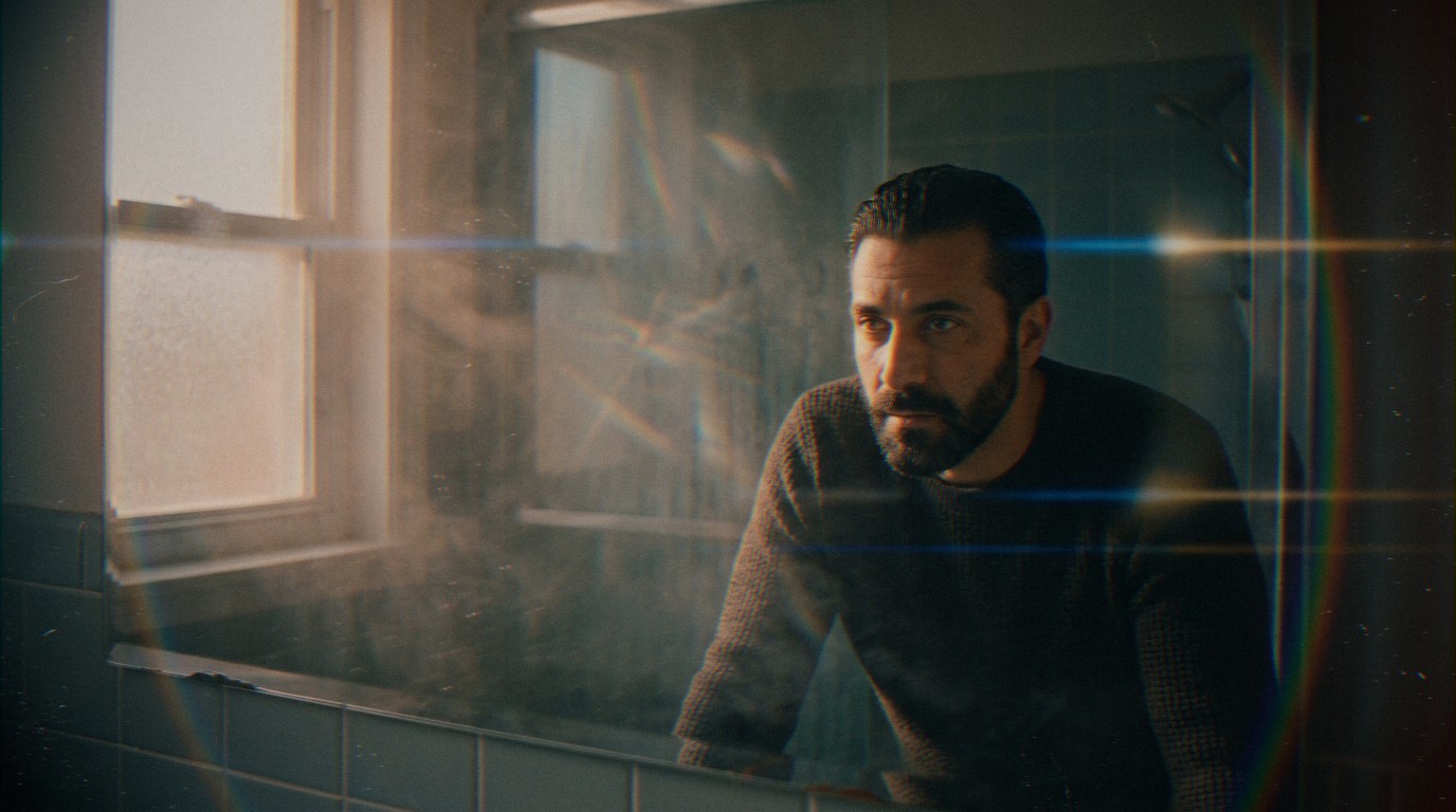 Homme méditerranéen barbu et intense face au miroir embué, méditant sur ce qu'un médiateur de couple ne résout pas pour toi.