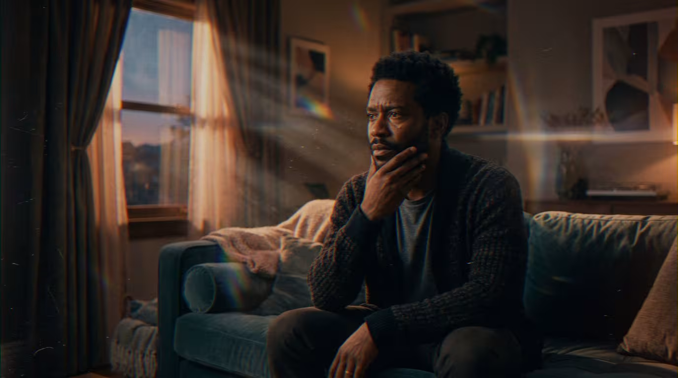 Homme noir distingué, afro et barbe soignés, assis sur un canapé. Son regard trahit ce que ta femme lit en toi quand elle ces