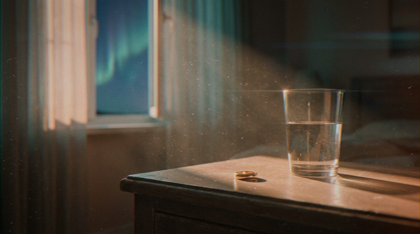 Alliance dorée sur table de nuit poussiéreuse, verre d'eau à moitié vide. Le départ quand ma femme veut se séparer.
